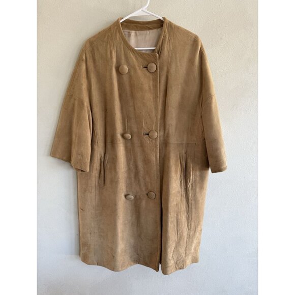 Vintage 70’s Suede Leather Coat Mink Collar XL Chocolate Beige Tan Button Up - Picture 2 of 15